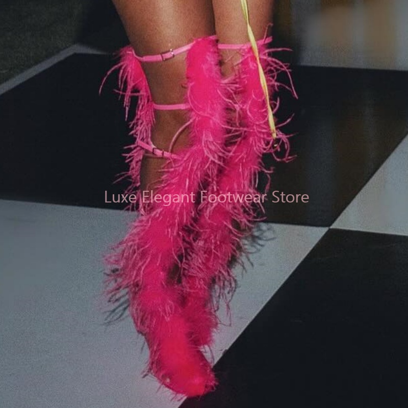 Bottes sandales roses à plumes - Knee High Boots Women avis et prix